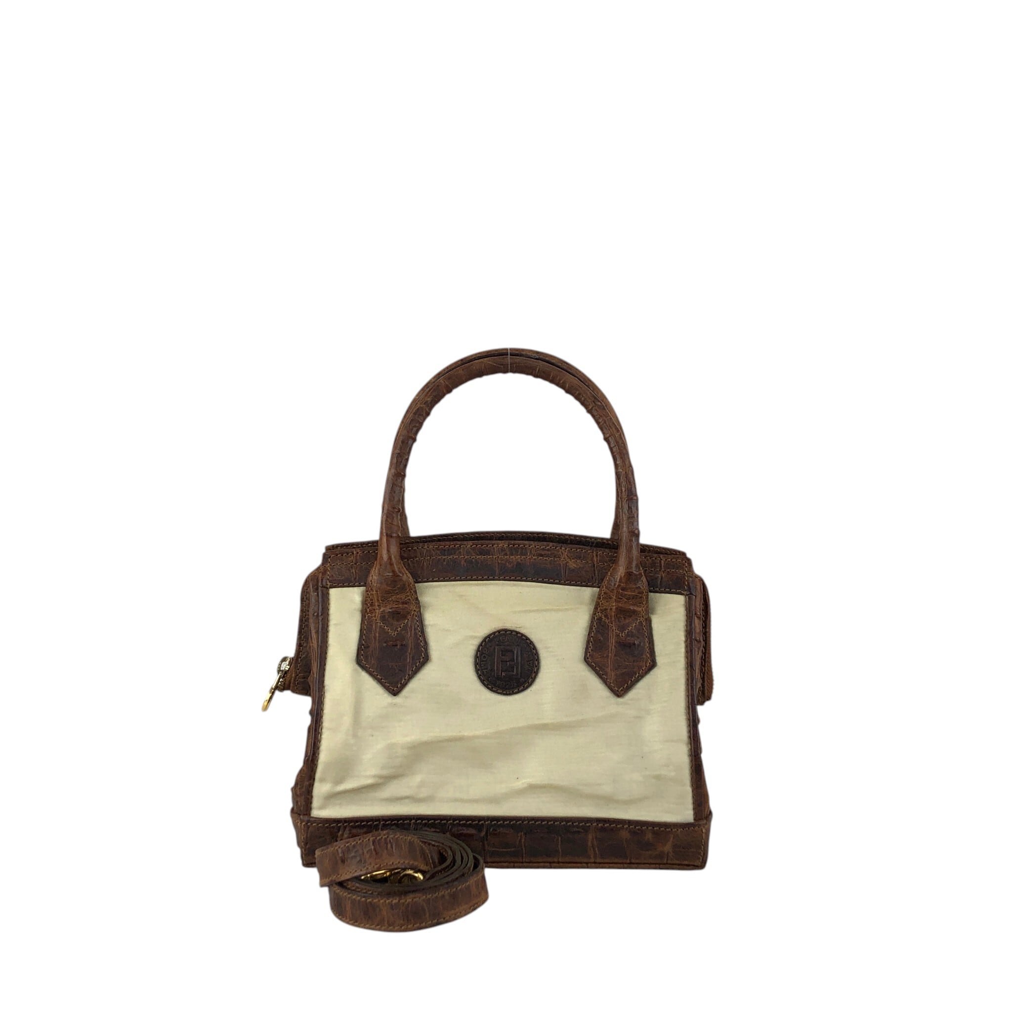 FENDI フェンディ ショルダーバッグ ベージュ ロゴ レザー キャンバス