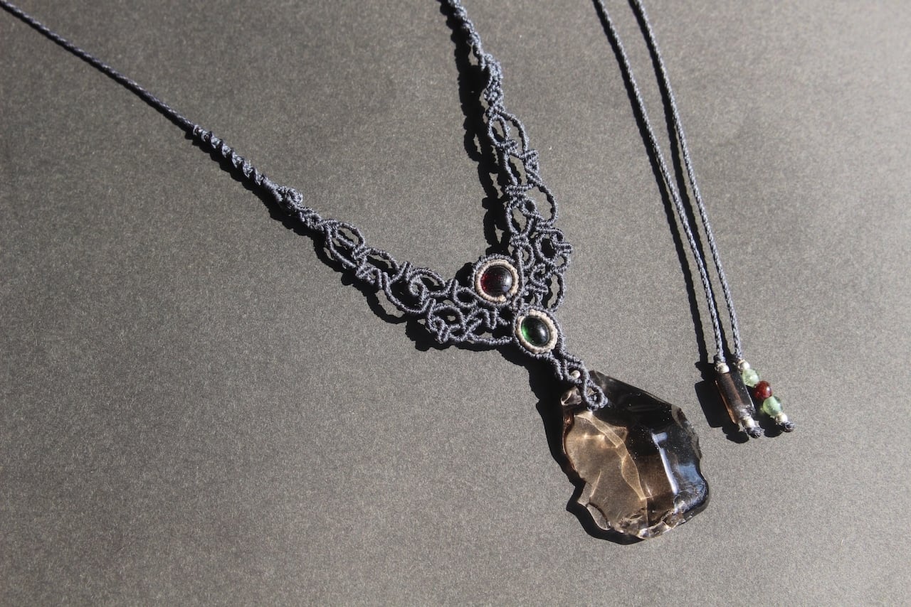 Healing Smoky quartz & Rhodolite Garnet & Peridot  micro macrame necklace