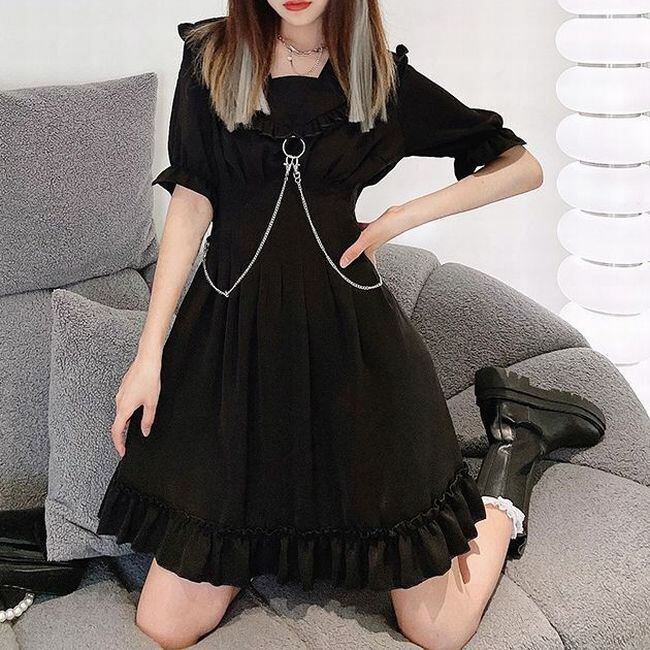 ワンピース フリル襟 チェーン ベロアワンピース ウエストゴム ハイウエスト Aライン 半袖 韓国ファッション レディース 大人可愛い ガーリー ゴシック 暗黒系 Dark Style Sweet And Cool Princess Dress Dtc Value Rave Notice バリューレイヴ
