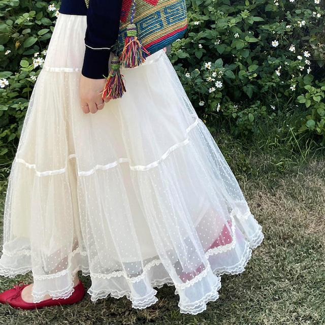 lace dot tiered long skirt J00092