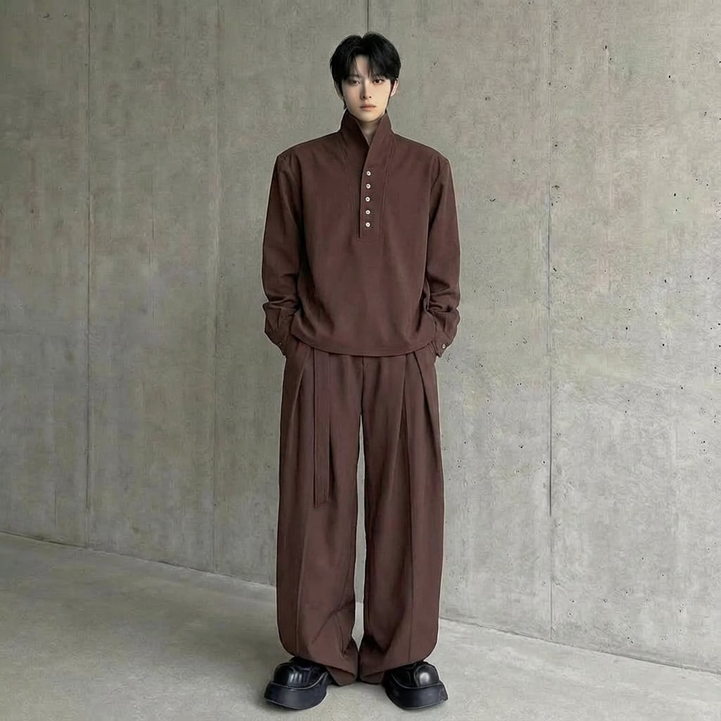 ハーフボタンプルオーバー&ワイドドレープパンツ セットアップ 2カラー D12218