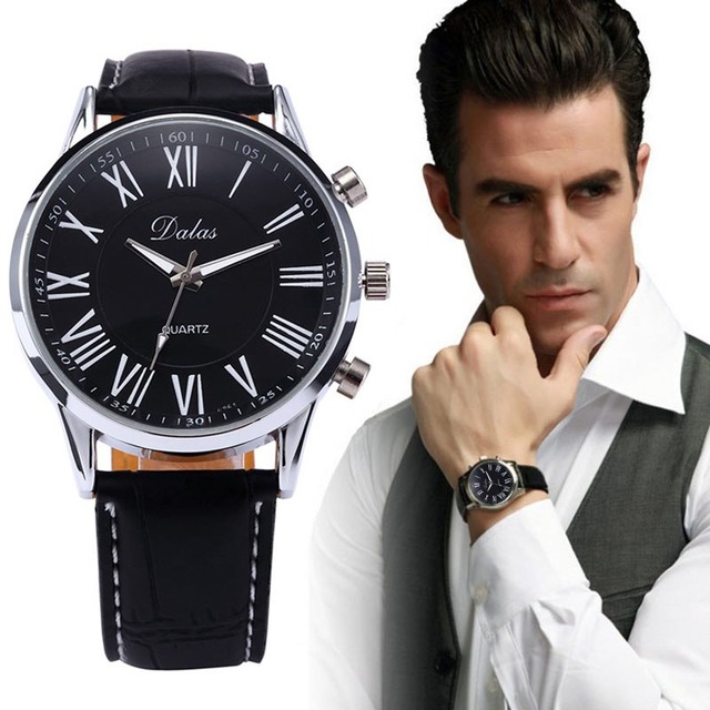 新しい高級メンズ腕時計フェイクレザーアナログクォーツ腕時計腕時計ブラック