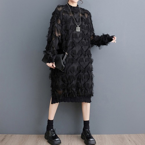 sheer sleeve fringe onepiece / l0802
