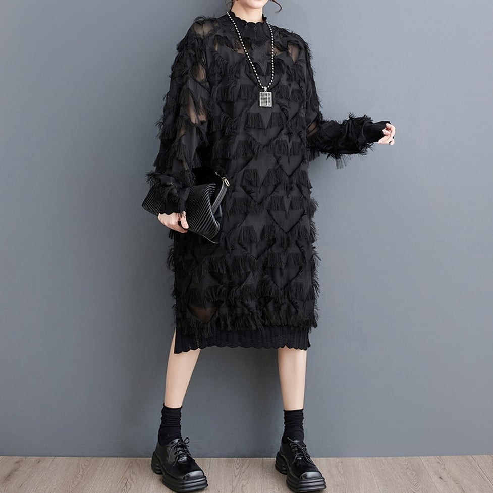 sheer sleeve fringe onepiece / l0802