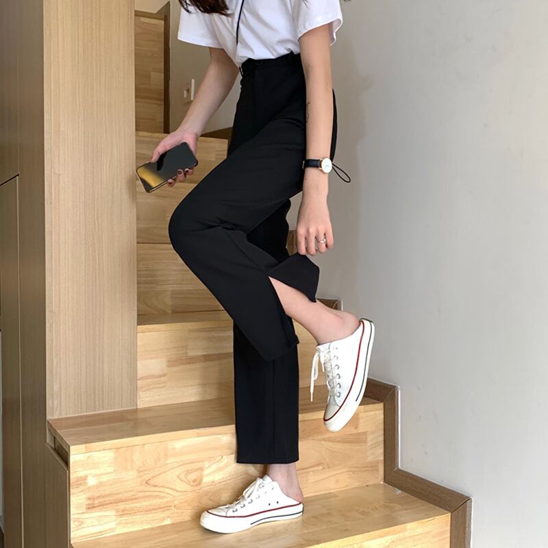 スプリングハイウェストウェストカジュアルパンツ ルーズブラックレディース 春物 試着室28456993071