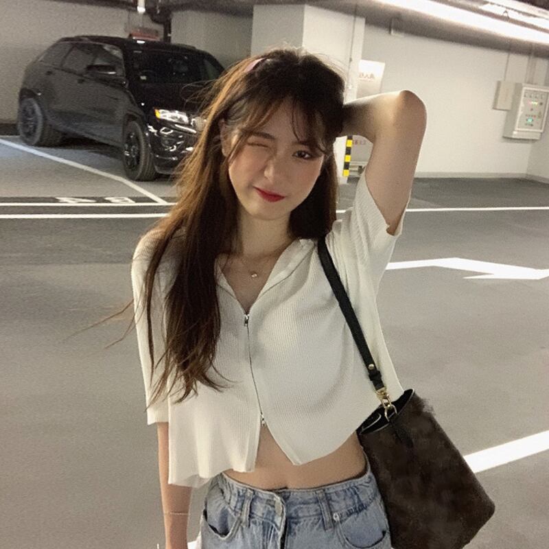 サマーダブルジッパーショートホワイトセーター 薄手フードカーディガントップス 夏物 スーパーモール19942617229