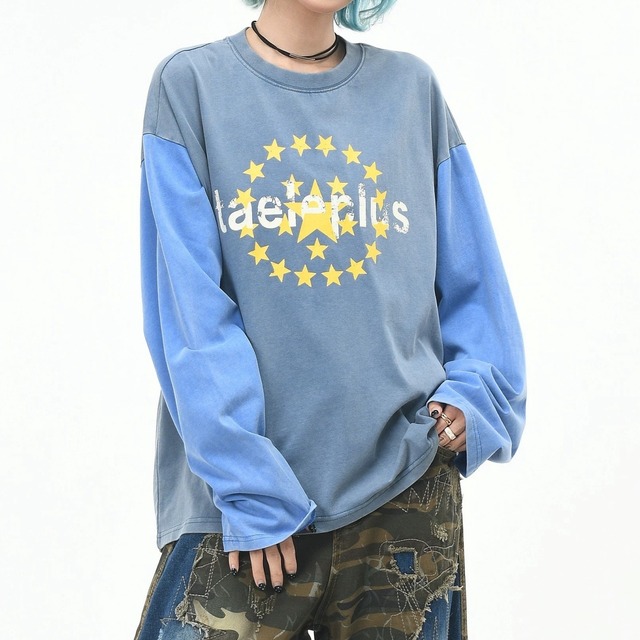 サークルスターカラーブロックウォッシュルーズTシャツ 2col R02634