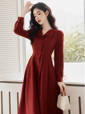 【0093】Red Vintage Front Button Long Sleeve Dress