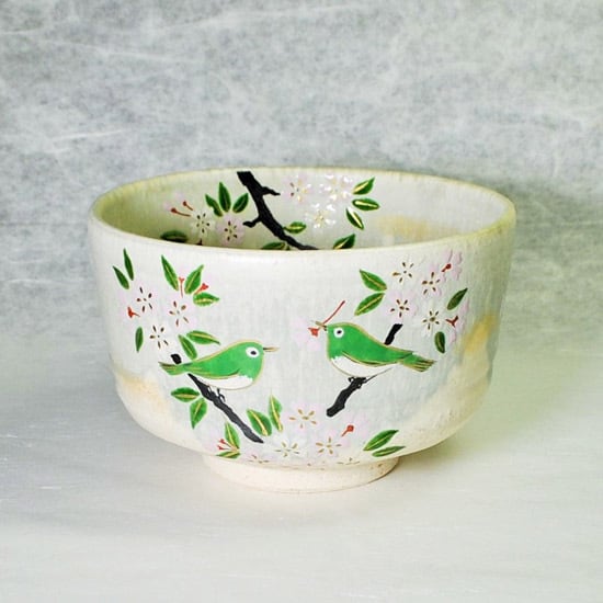 抹茶碗 彩流 桜にめじろ | 京焼窯元 橋本城岳