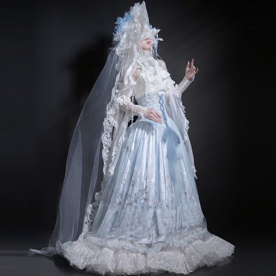 ロリータファッション 氷雨の花嫁 コルセット風ロングドレス3点セット