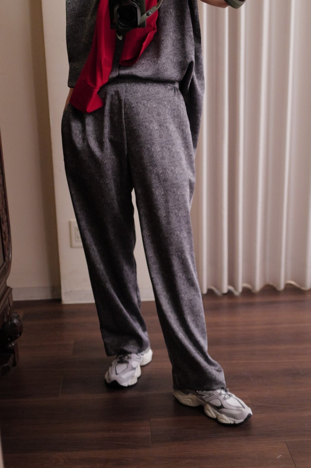 satin paisley pants gray