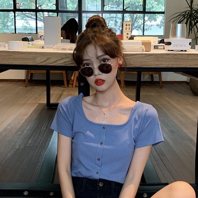 ブルーショートTシャツ サマースリムカラートップス 夏物 スクウェア 試着室65632889965