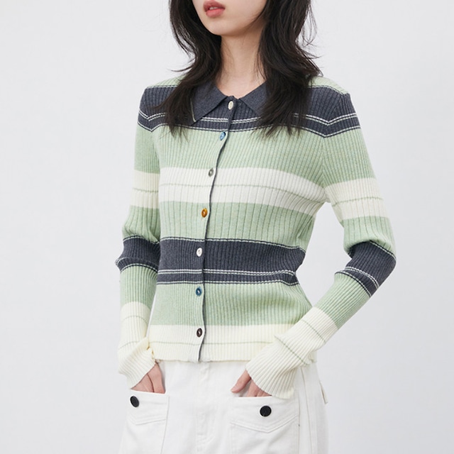 Lapel contrast striped wool knit cardigan (SN361)