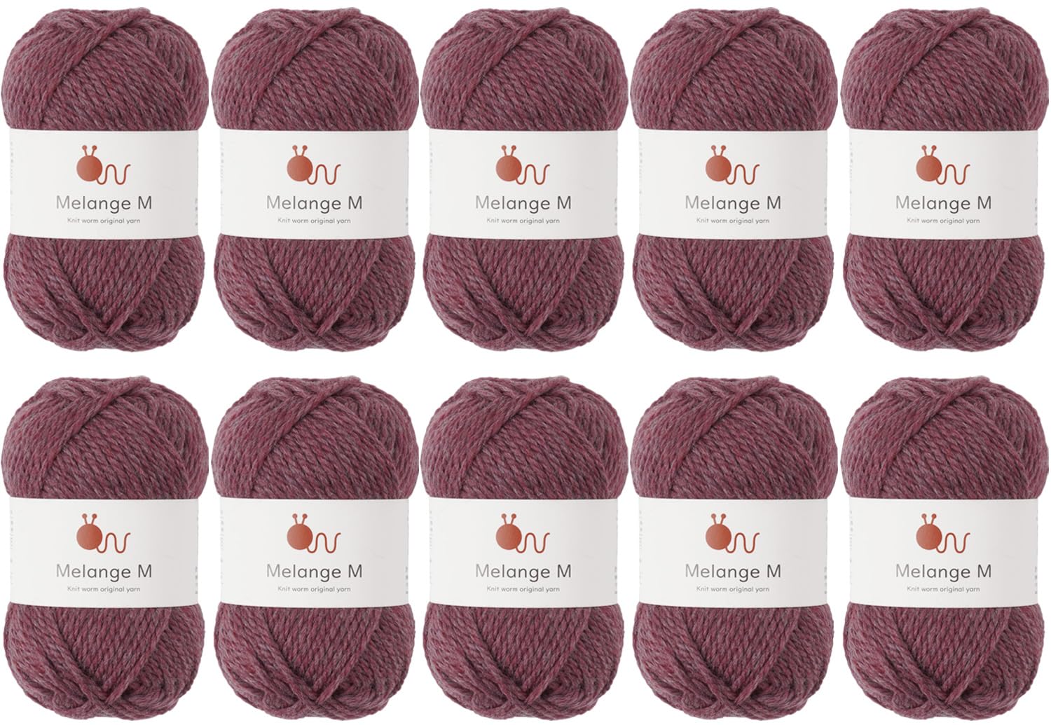 【特価処分】原ウール Knitworm 毛糸 10玉セット Melange M メランジ並太 並太 ウール60% アクリル40% (10.プラム)