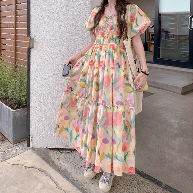 watercolor flower garden volume sleeve dress  e1977