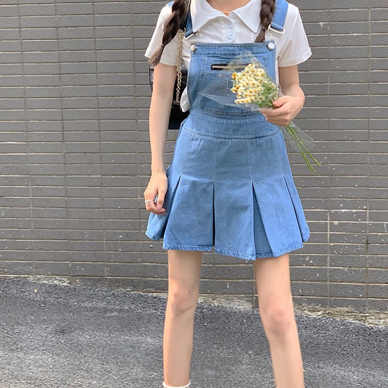 Aライン プリーツで 美脚見え シャツ ジャンパースカート 2点セット デニム ミニ丈 ミニスカート プリーツ スタイルアップ カジュアル サロペット Lamitte Deco トレンド 韓国ファッション ショップ Base店