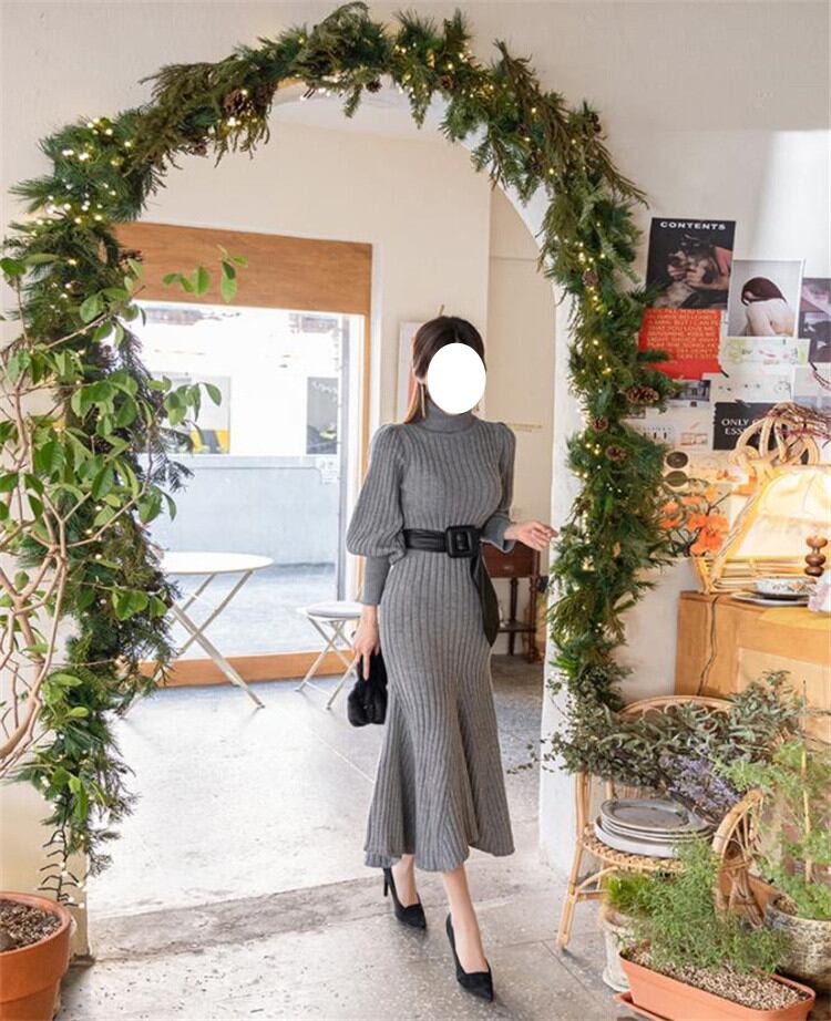 柔らかな雰囲気 タートルネック ランタンスリーブ スリム ニットワンピース フィッシュテールスカート