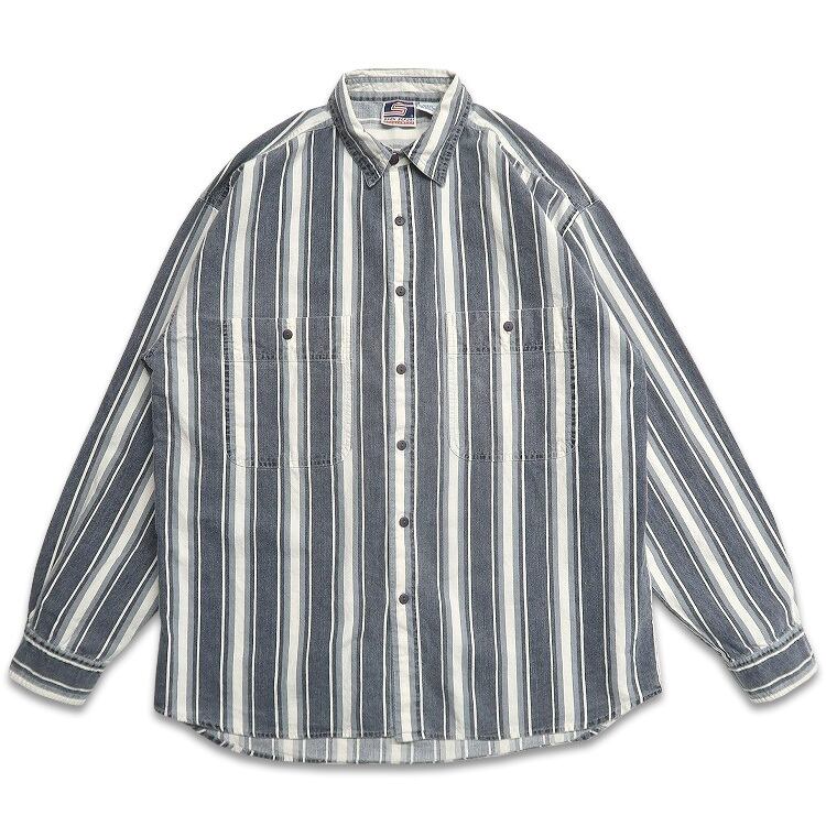 アメリカ　古着　3XL ストライプデザイン シャツ LA STRADA】ストライプ 柄シャツ 長袖シャツ ブラック×グレー メンズXL