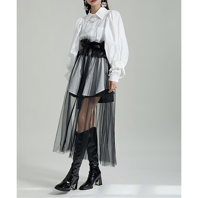 High waist ruffled mesh skirt【2color】 C0154