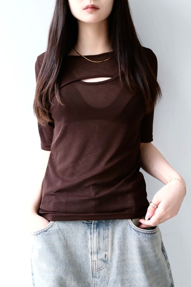 Asymmetry Layerd Sheer T-shirt カットシアーアシメレイヤードTシャツ Brown