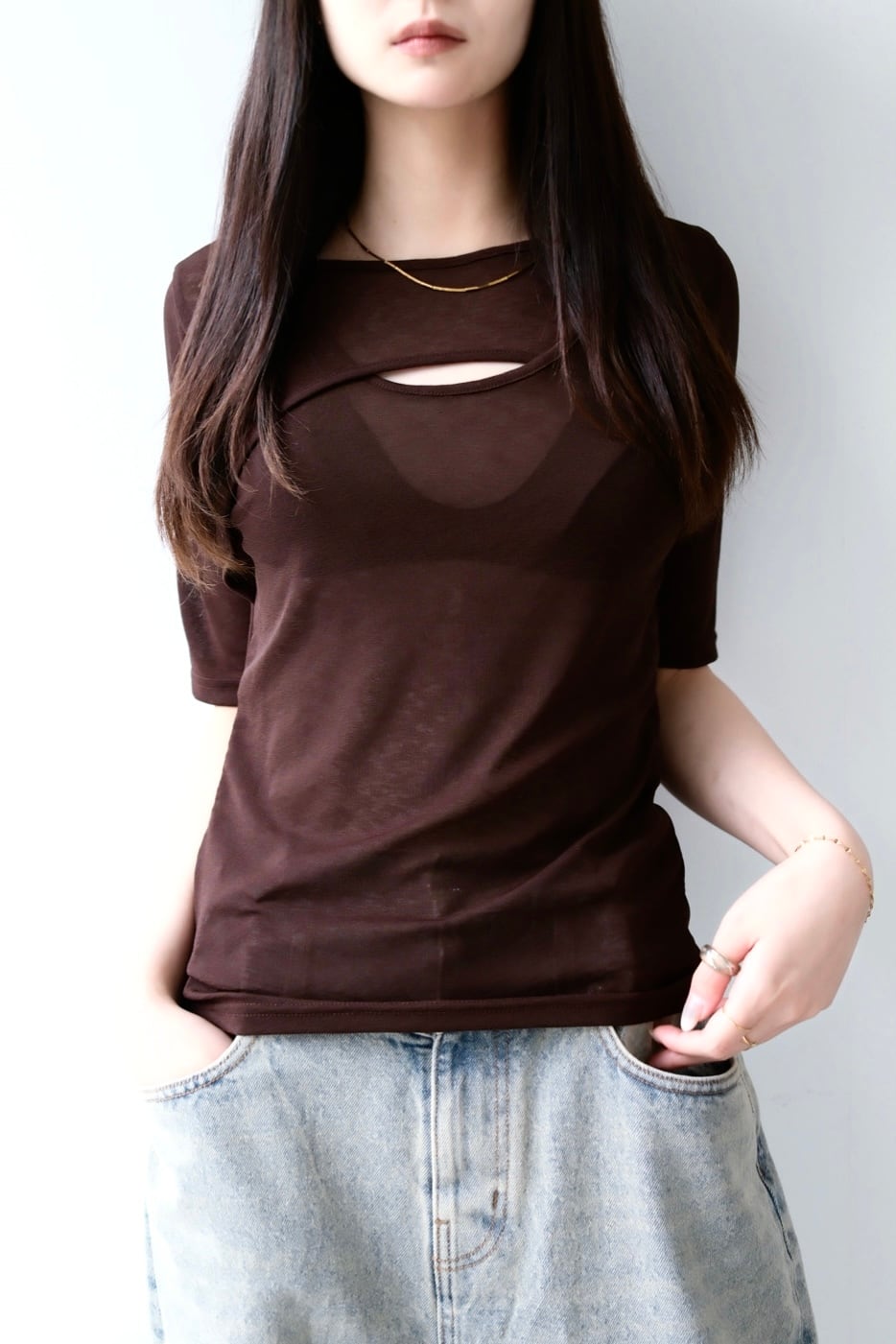 Asymmetry Layerd Sheer T-shirt カットシアーアシメレイヤードTシャツ Brown