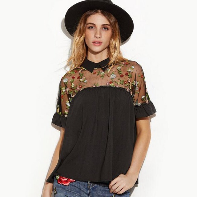 袖コンシャス 花柄 シースルー 半袖 トップス