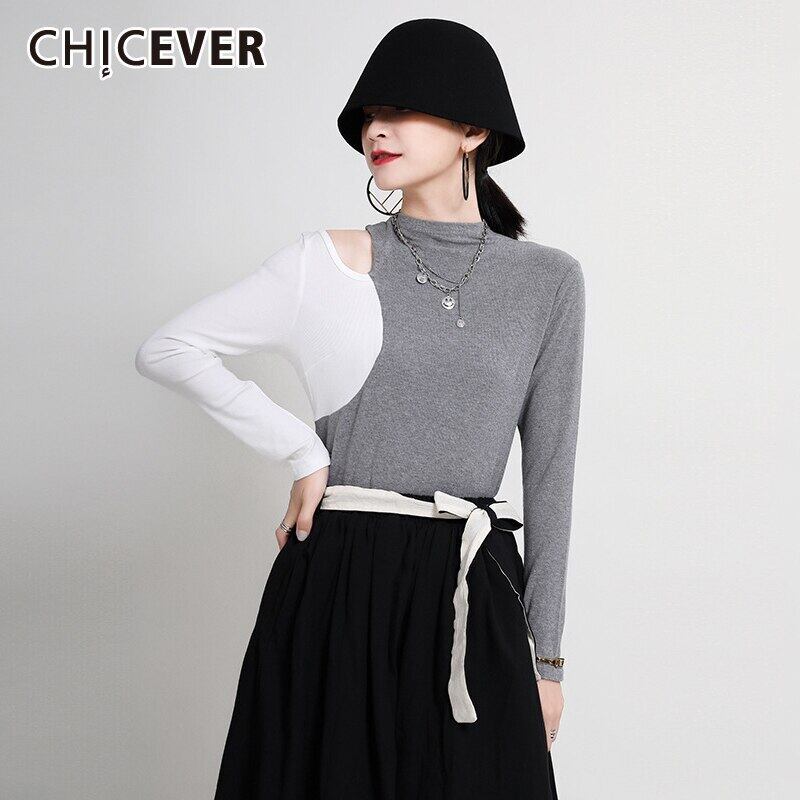 CHICEVERパッチワークニット女性セーターOネックホールオフショルダー長袖スリム気質セーター2020タイド ロング 6base524688673452