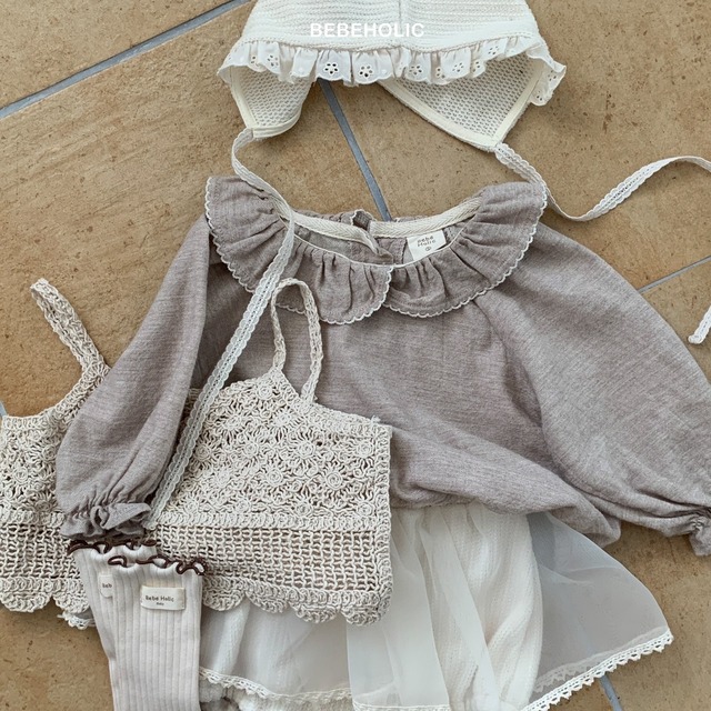 即納 beige - 90 / cotton frill collar tops [ BEBEHOLIC ]