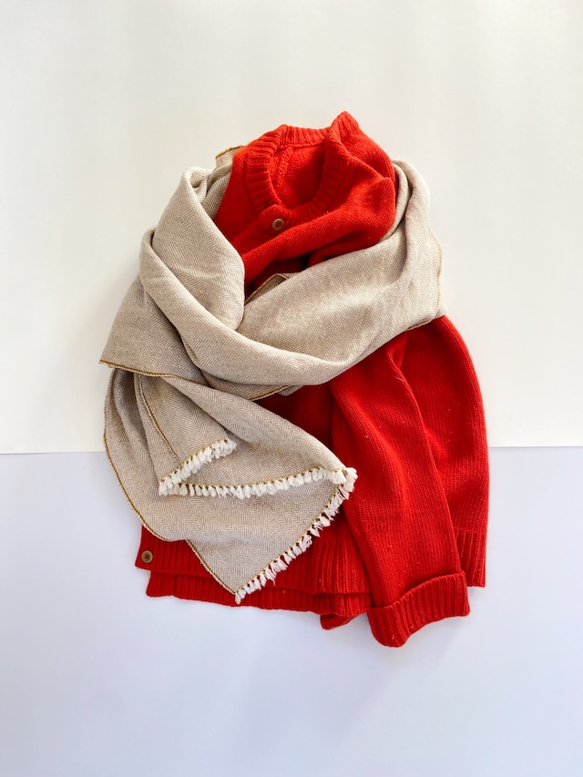 Hand-woven scarf 【short】/ SAZANAMI herringbone white×écru