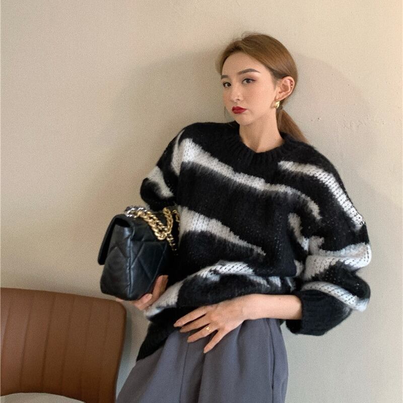 セーター ルーズスタイルスプリングブラックパターンスタンダードトップス レトロ 春物 ブラックストロベリース7289037451