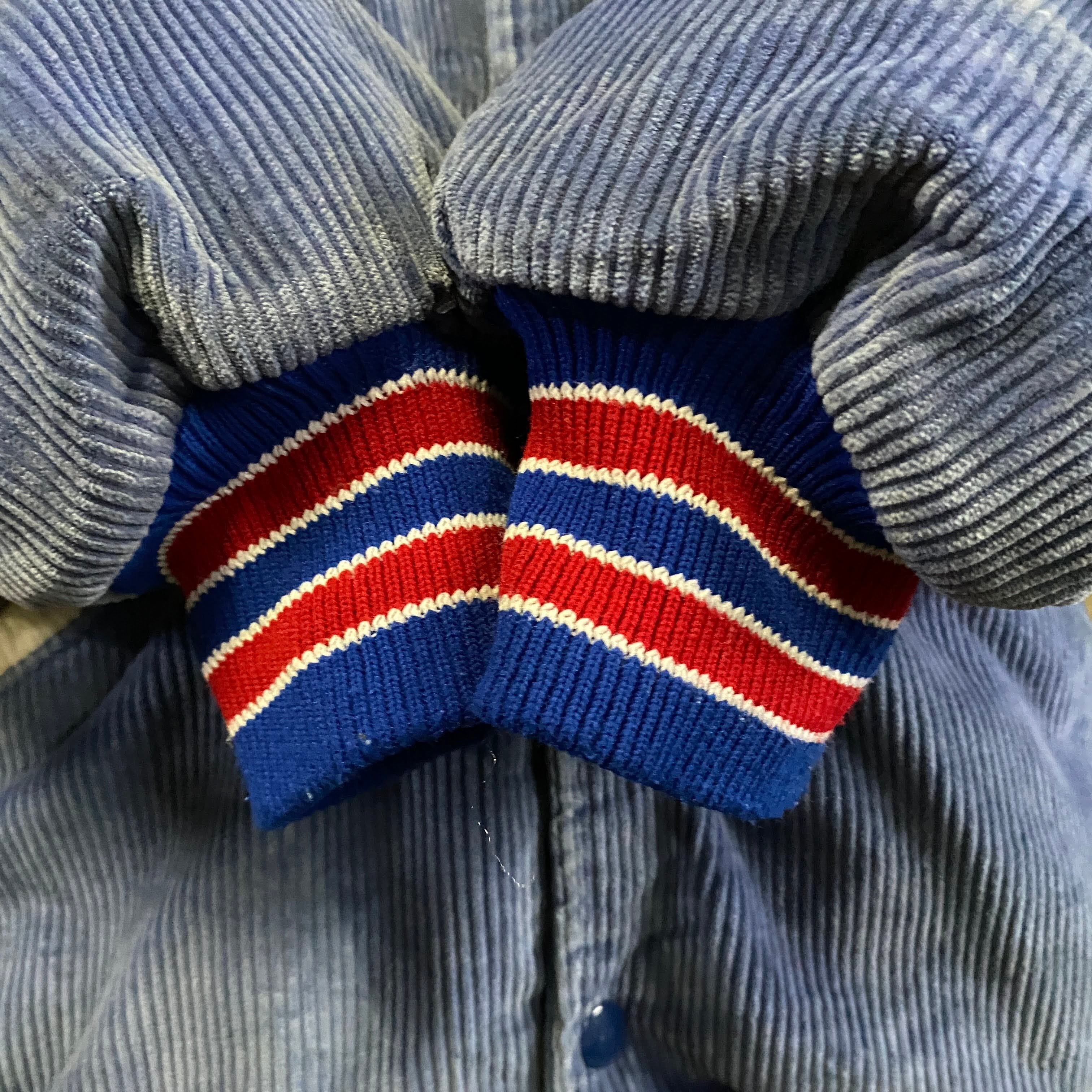 80's DeLONG ウールボンバージャケット 80s】USA製DeLONGボンバージャケット中綿カレッジ刺繍フーディXL古着