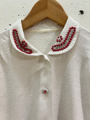 50's vermillion beads clear rhinestone blouse