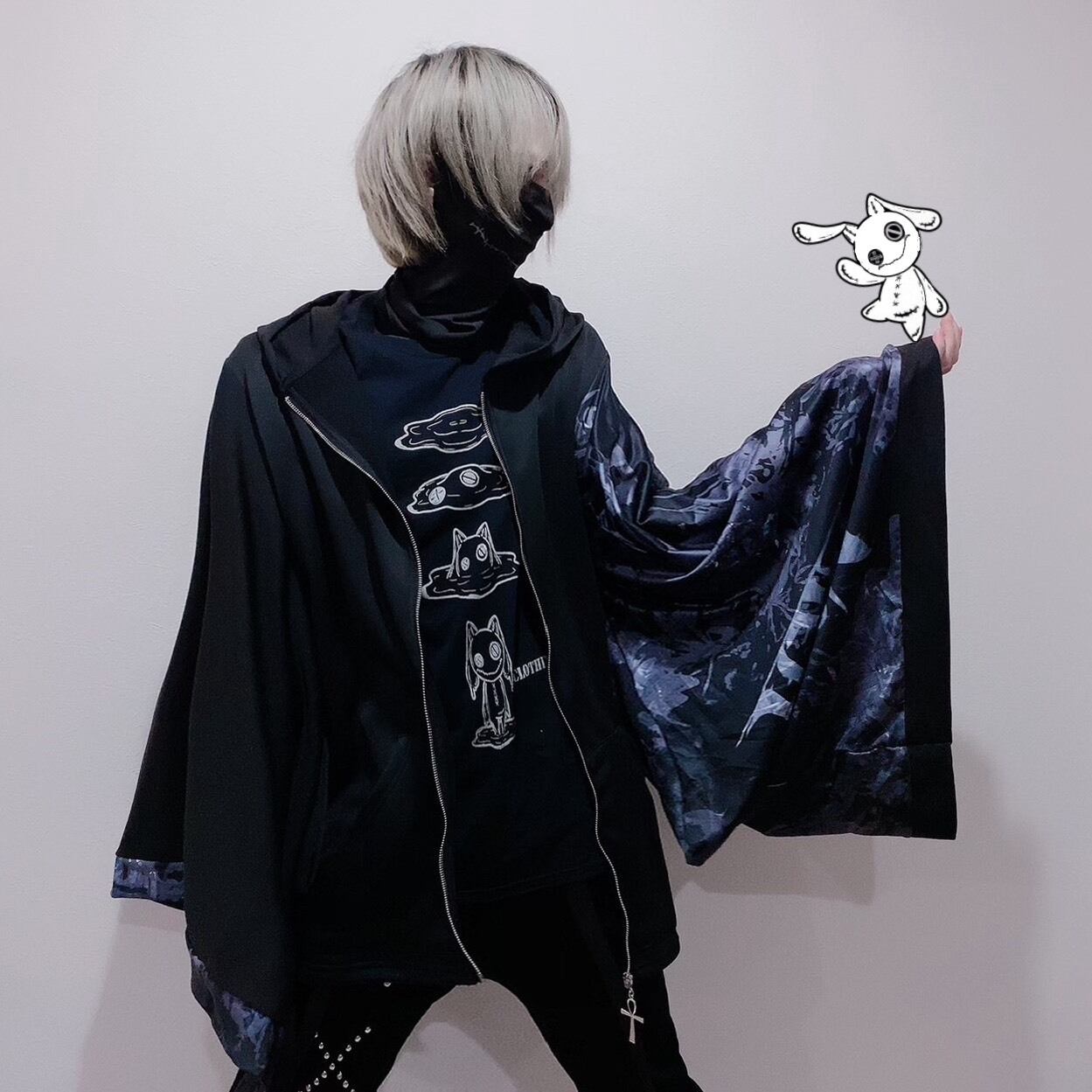 着物風stretch Zip Parka 黒彼岸花 裏地防寒フリース Nier
