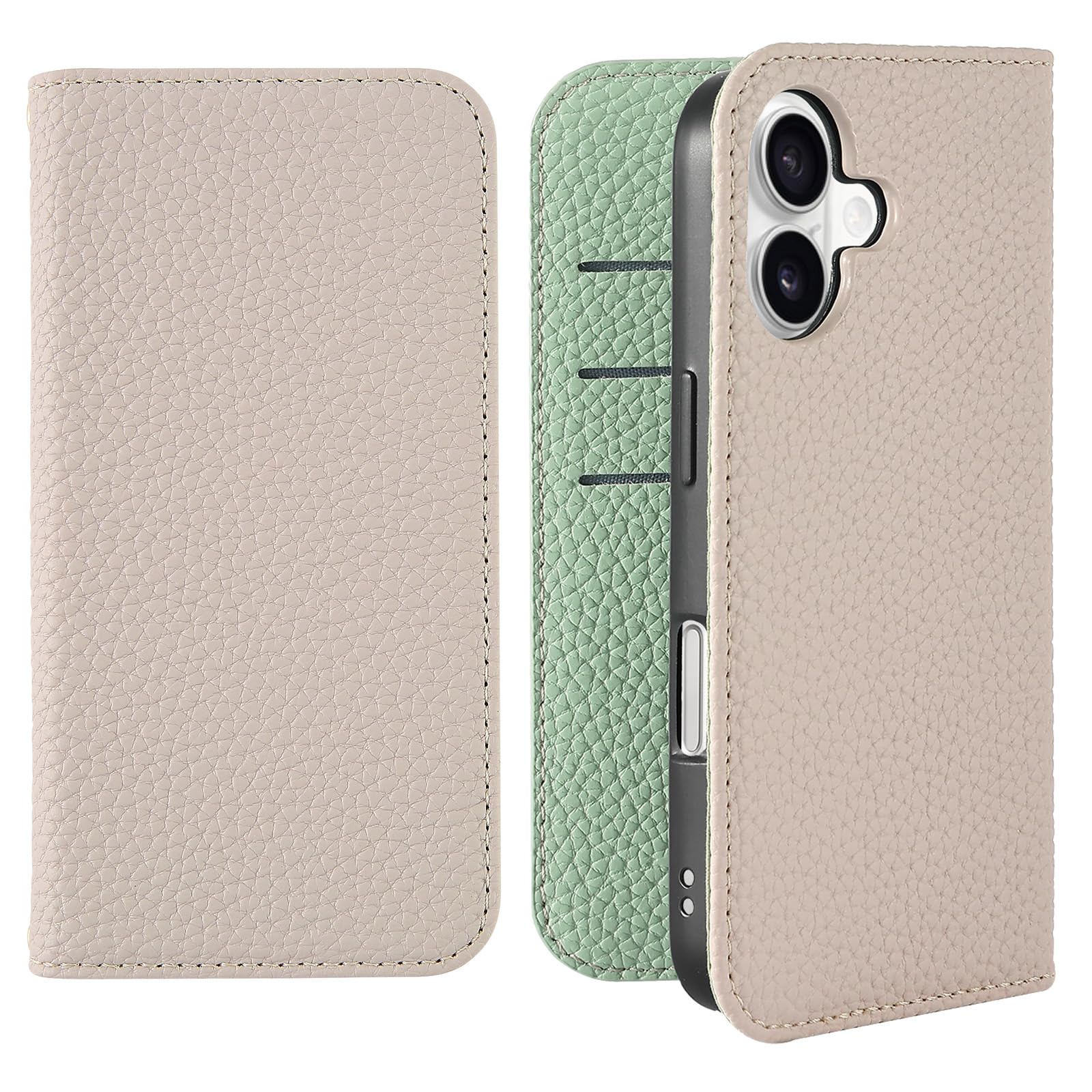 HanaRo iPhone16 用 ケース スマホケース 手帳型ケース カード収納 くすみカラー 携帯ケース ライトグレー×ライトグリーン