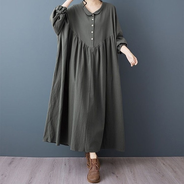 VINTAGE SMALL COLLAR LANTERN SLEEVE LONG DRESS M-18282