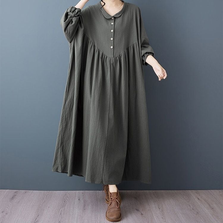 VINTAGE SMALL COLLAR LANTERN SLEEVE LONG DRESS M-18282