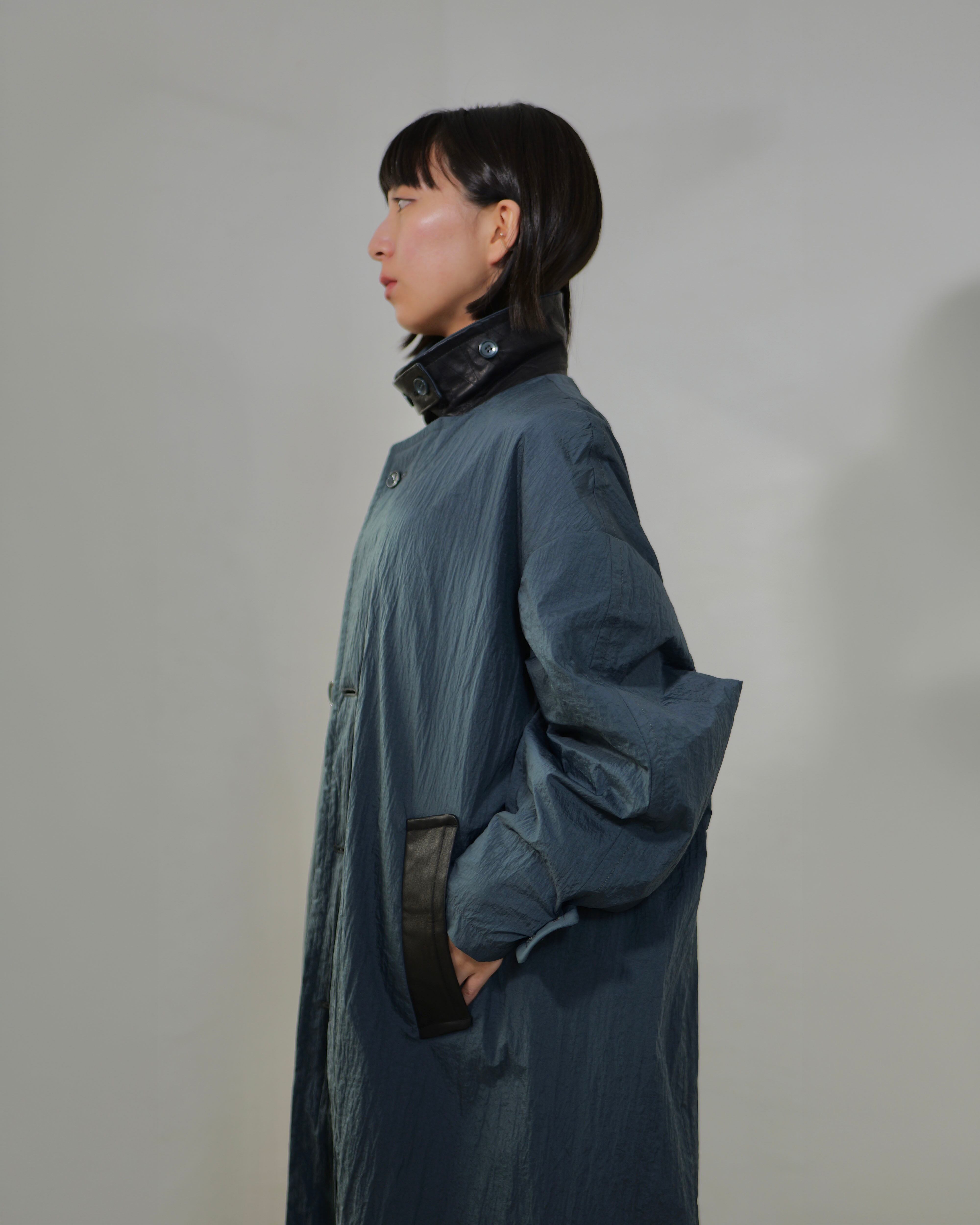 i'm here - Shrink Nylon Grandpa Coat ：Navy｜シュリンク凹凸