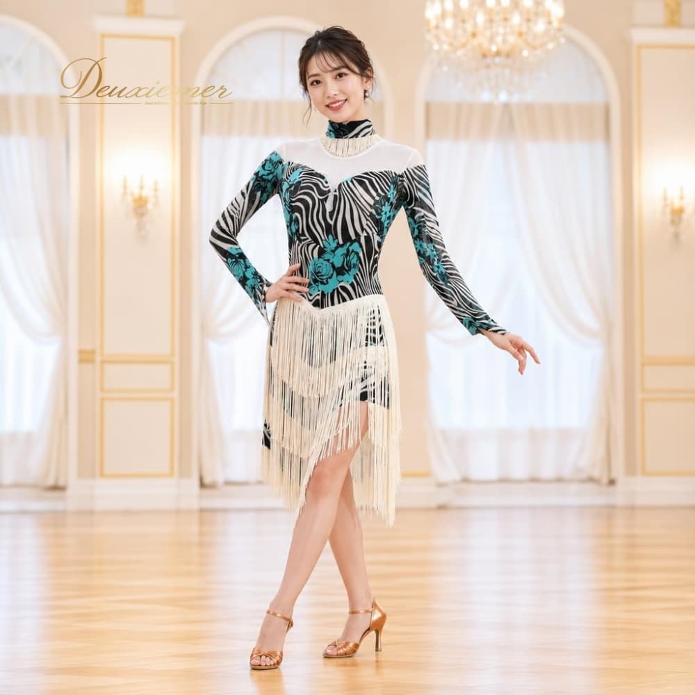 社交ダンス 衣装 prima boutique プリマブティック ドレス ワンピース ラテン ホワイト系 ゼブラ柄 フリンジ 白 黒 緑 華やか 伸縮 ストレッチ 花 花柄 かわいい ダンス衣装 イベント ステージ パーティー ブラック系 グリーン系 B047-2510222003980 社交ダンス 衣装 prima boutique プリマブティック ドレス ワンピース