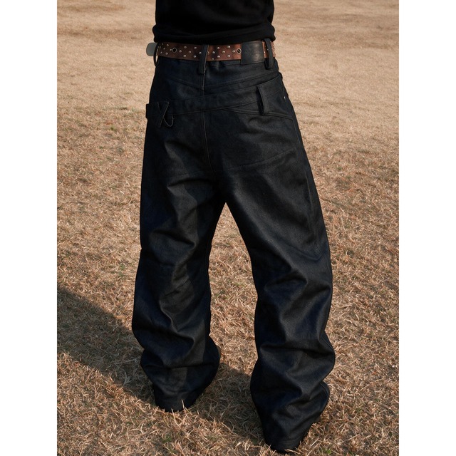 【DRIP6877】YTW Double Waistband Diagonal Button Baggy Curved Raw Denim Pants
