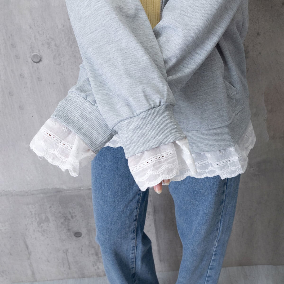 スウェット パーカー ジップアップ レディース 春秋冬 韓国 ストリート アメカジ おしゃれ 大人 カジュアル レース切り替え 羽織り トップス 裾レース ゆったり 大人可愛い 大人女子