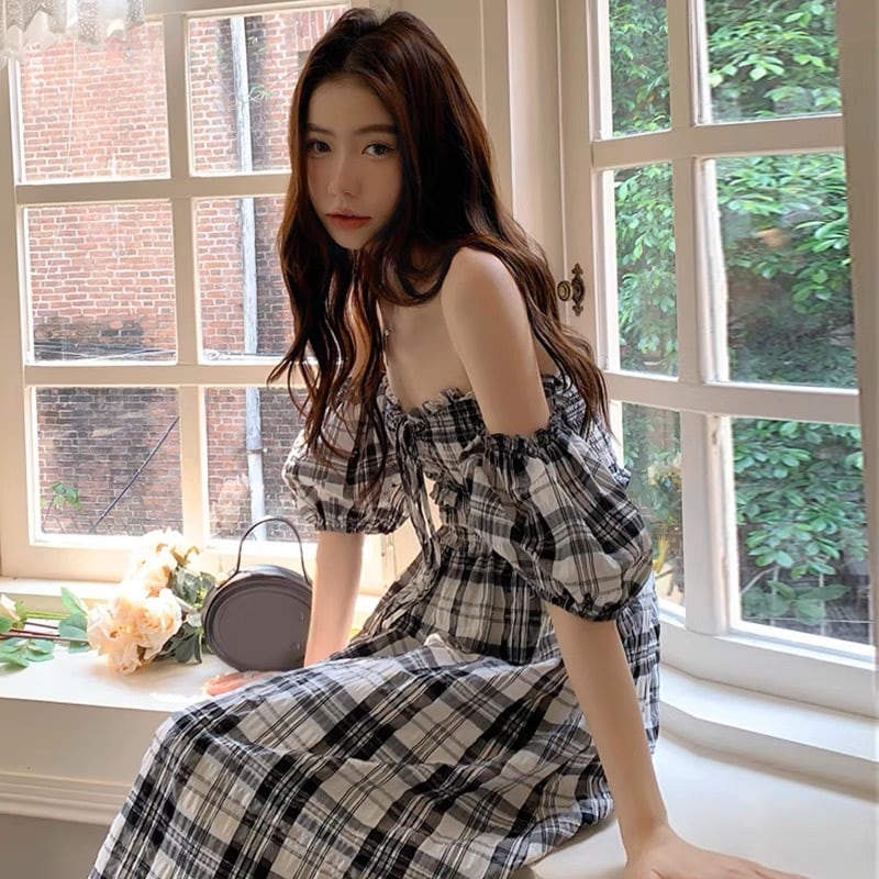 オフショルダー チェック柄ワンピース G10CON0052 | liberal style