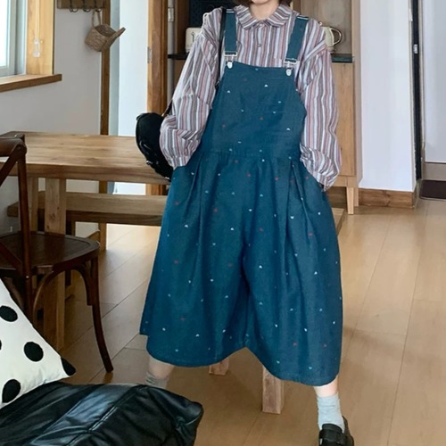 ハート刺繍デニムサロペットパンツ ・12547