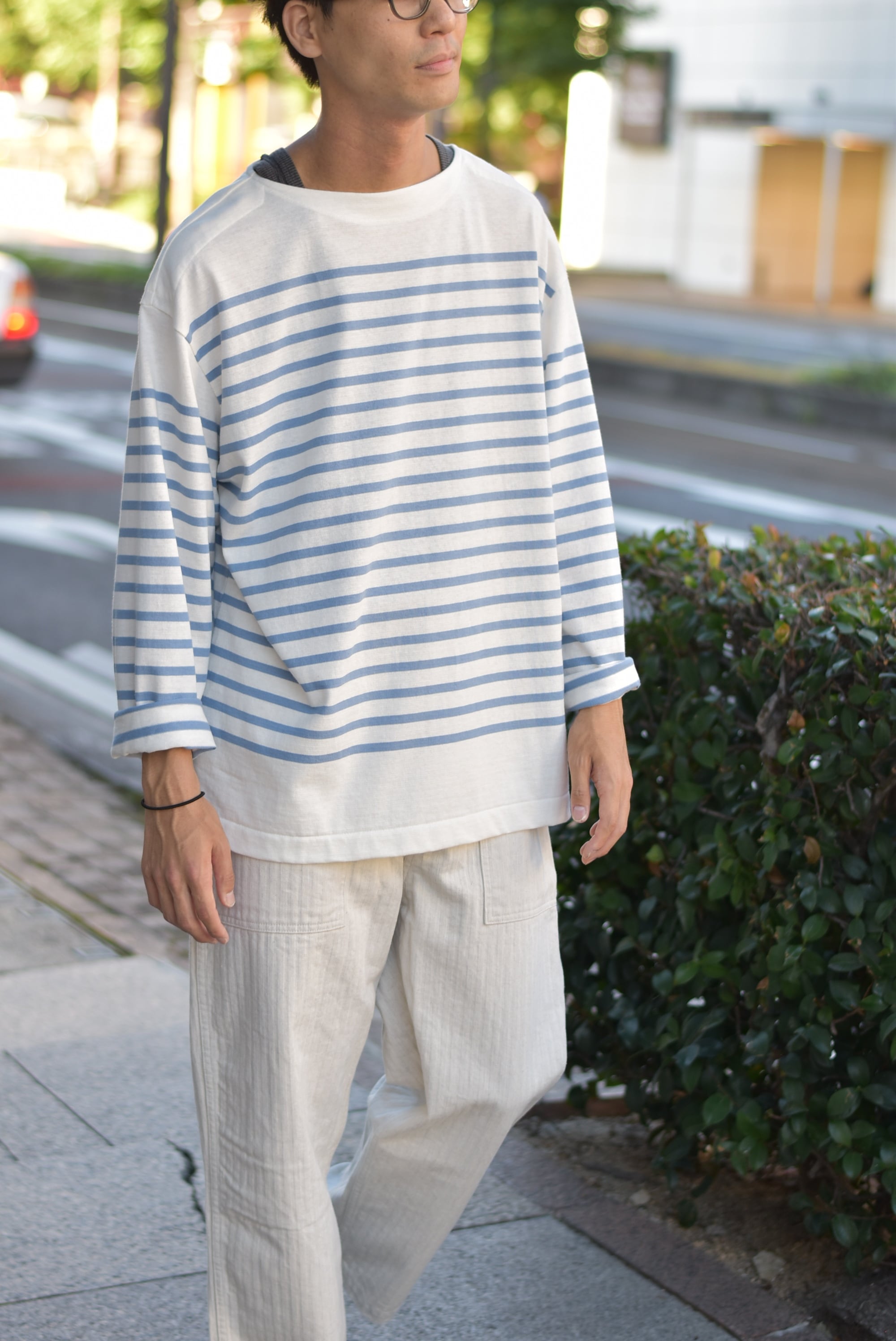 Phlannèl】Washi Cotton Panel Border Basque Shirt | theater(シアター)