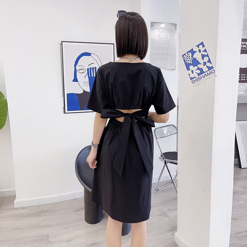 ラウンドネックバックリボンドレス サマースカート 大きめサイズ 夏物 Oネック ミックスインファッション44021788381