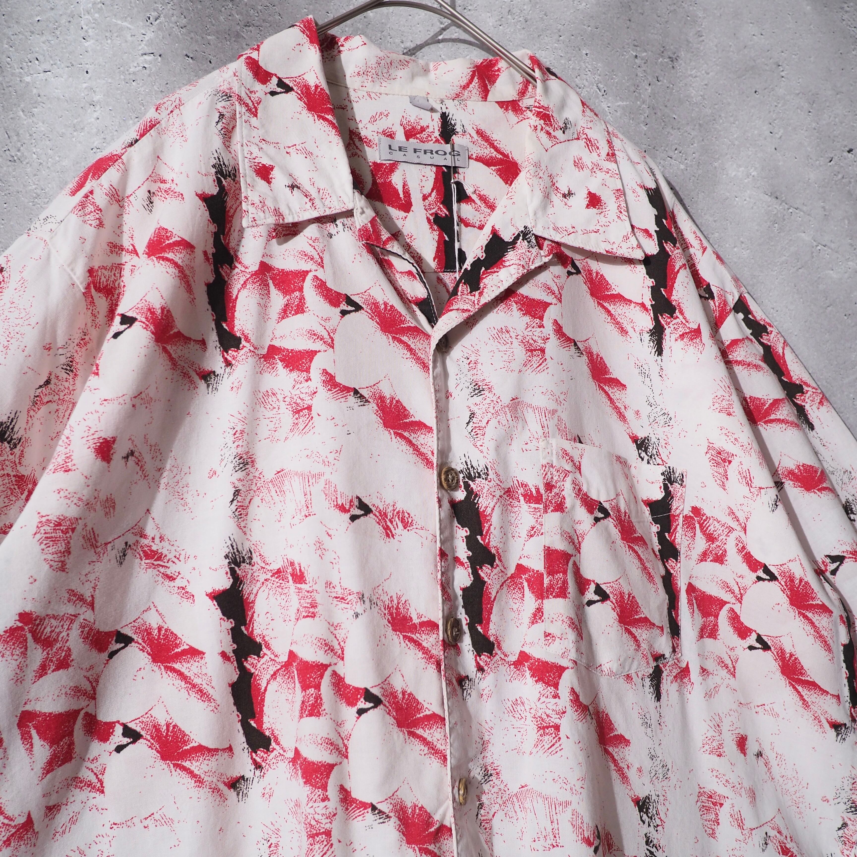 1990s Bewitching dark flower printed vintage open collar shirt