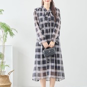 reve bleu シフォンボウタイチェック柄ワンピース【M~L】ブラック