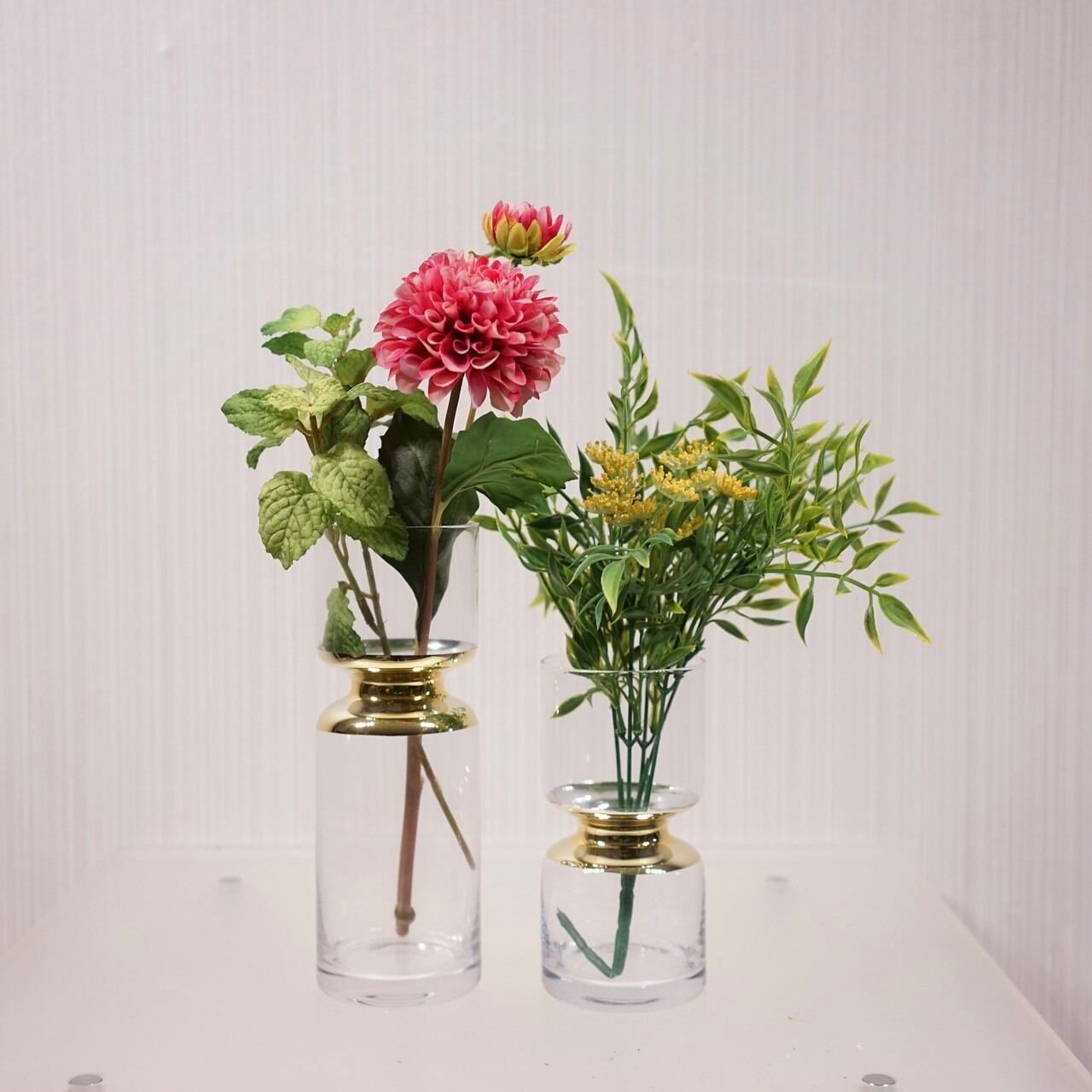 フラワーベース 2個セット 造花付き 花瓶 クリア ガラス ナチュラル