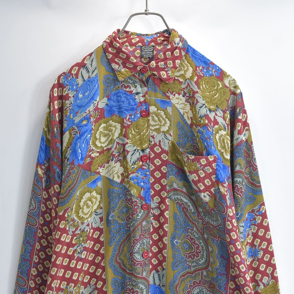90s Merchant マーチャント 長袖シャツ レーヨン パッチワーク風 花柄 ペイズリー 総柄 エスニック クラシック マルチカラー USED ヴィンテージ ビンテージ 古着 レディース L〜相当