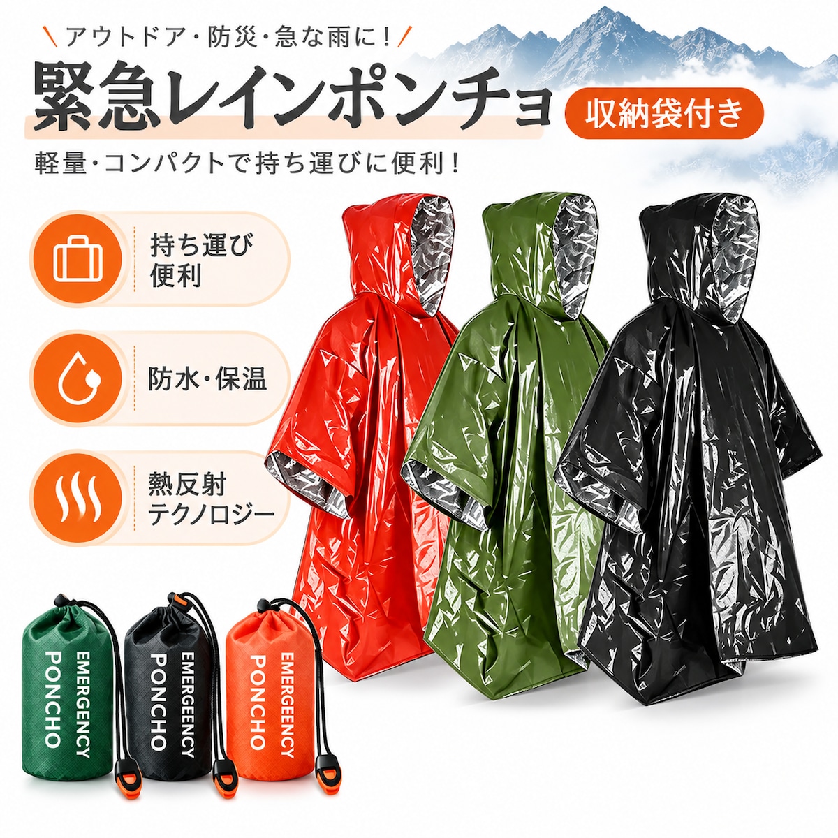 S84.【2個セット】緊急用レインポンチョ アルミ保温 防水・防風 フード