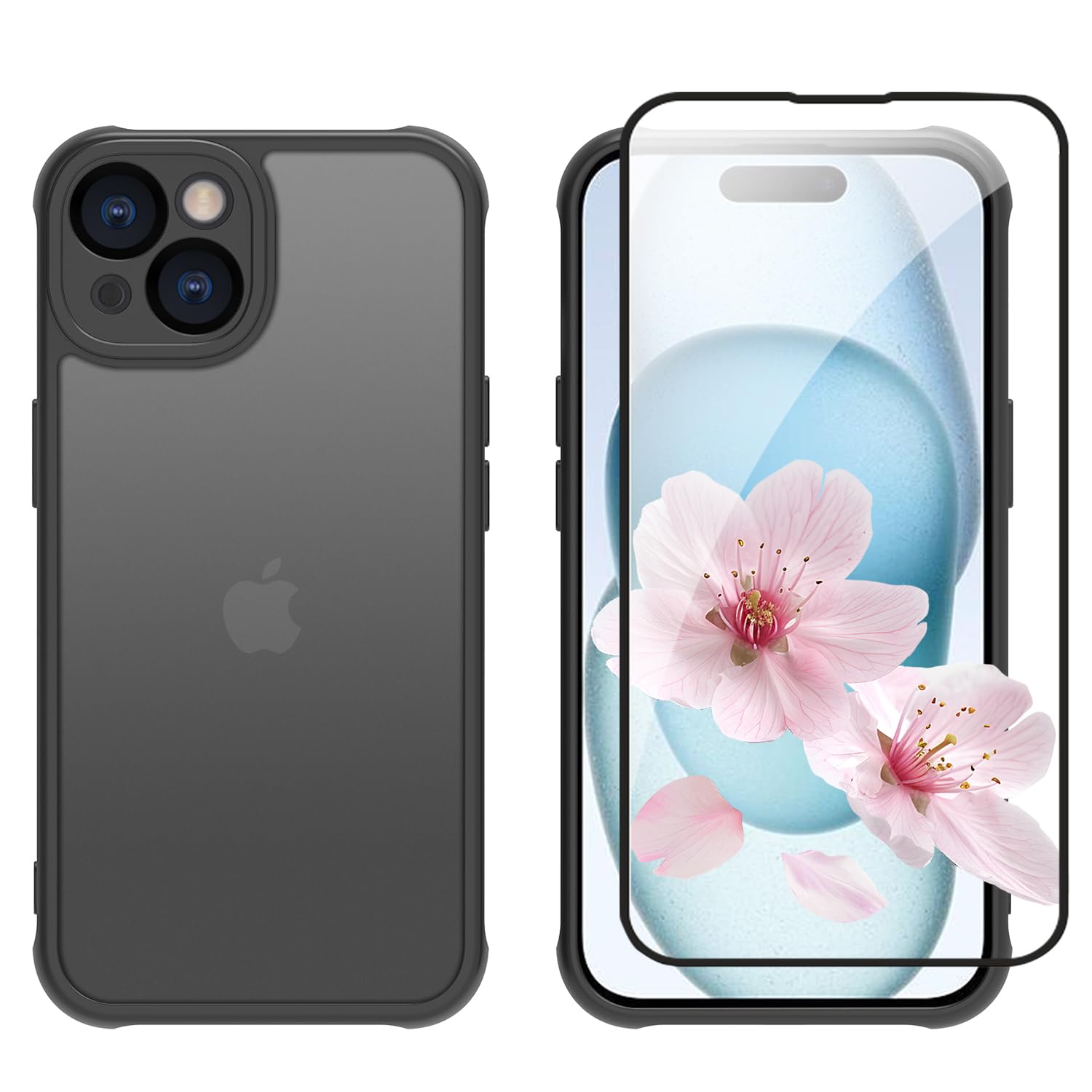 iPhone 15 ケース ガラスフィルム付き マットな仕上げ 半透明 黄変防止 耐衝撃 米軍MIL規格 SGS認証 PC+TPU いPhone 15 対応 ケース 傷つけ防止 超薄型 軽量 スマホケース スマホカバー アイフォン 15 用 6.1インチ (マットブラック, iPhone 15)